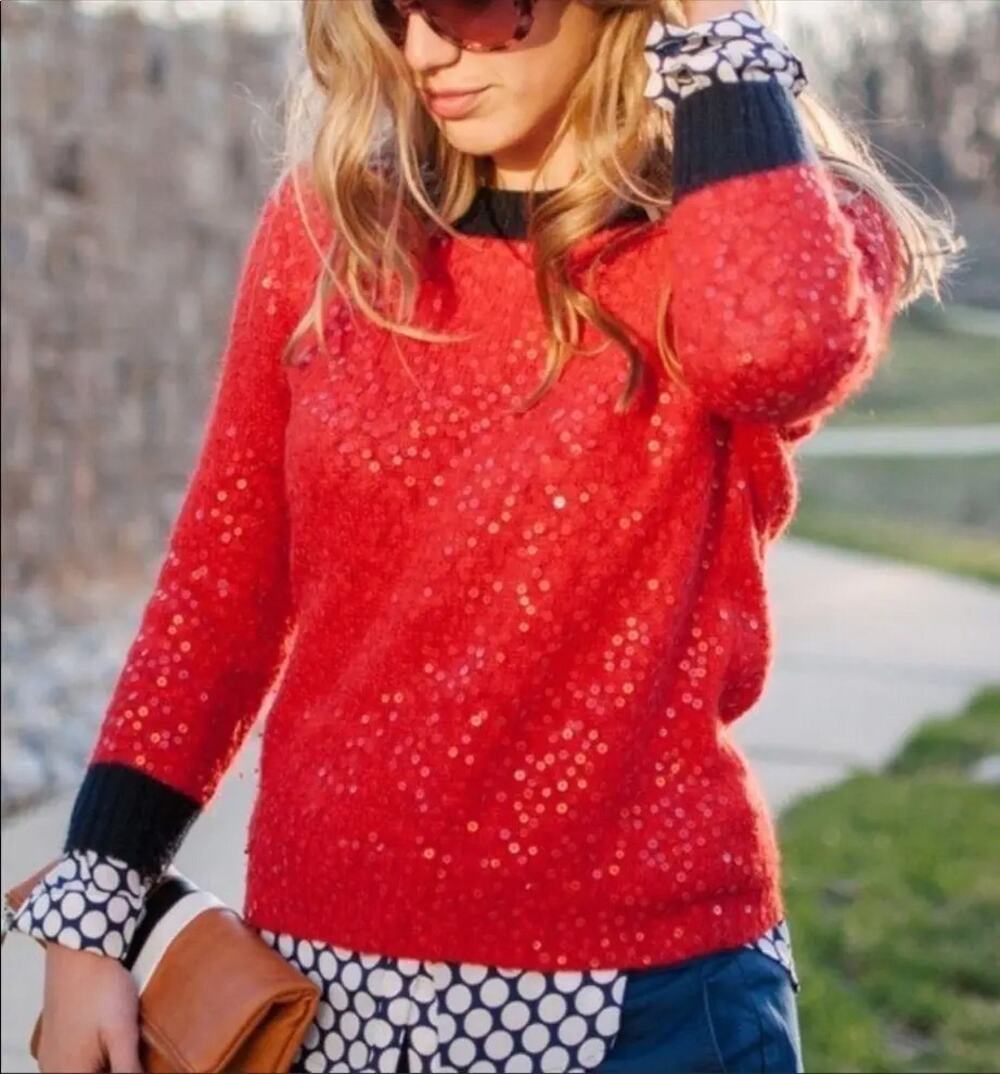 J. Crew Womens Sequin Mohair Wool Sweater Sz XS Preppy Holiday Christmas Stretch